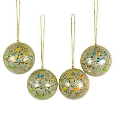 'Holiday Heralds' (set of 4) - Handmade Papier Mache Multicolor Bird Ornaments