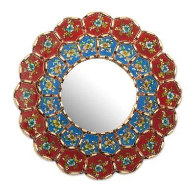 Colorful Arrangement,'Glass and Wood Wall Mirror with Painted Flowers'