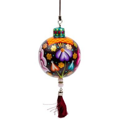 'Hand-Painted Floral Copal Wood Ornament in Colorful Hues'
