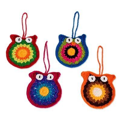 Festive Owls,'Artisan Hand-Crocheted Ornaments (set of 4)'