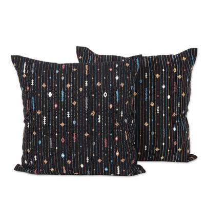 Little Universes,'Pair of Handcrafted Black Embroidered Cotton Cushion Covers'