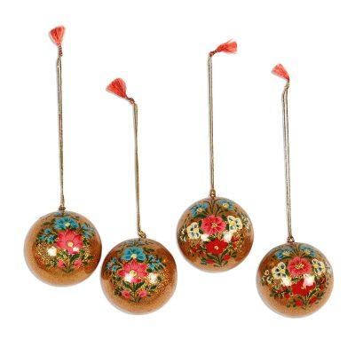 Blooming Holiday,'Papier Mache Ornaments with Floral Motifs (Set of 4)'