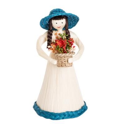 Country Flowers,'Natural Fiber Statuette of a Woman Gathering Flowers'
