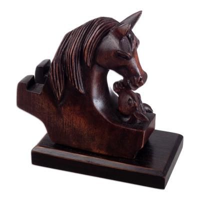 Mother Mare,'Hand Carved Peruvian Cedar Wood Phone Holder Equine and Foal'