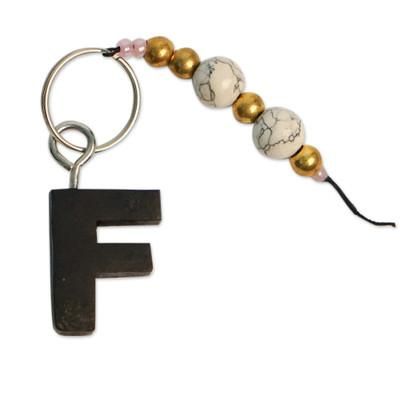 The Letter F,'Eco-Friendly Beaded Ebony Wood Keychain with a Letter F'