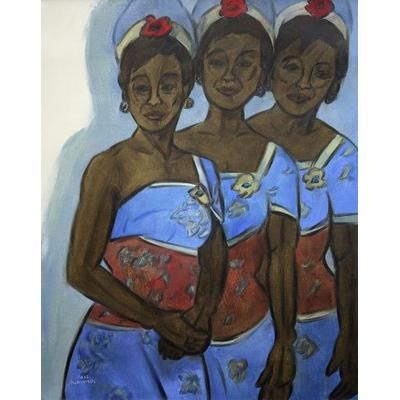 Backstage Dancers,'Original Balinese Dance Theme Portrait in Shades of Blue'