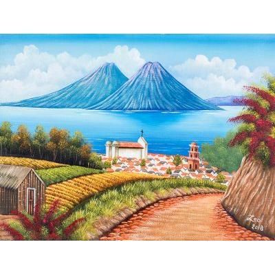 Between Waters,'Signed Lake Landscape Painting from Guatemala'