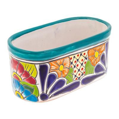 Oblong Hacienda in Teal,'Handcrafted Floral Talavera Ceramic Flower Pot from Mexico'