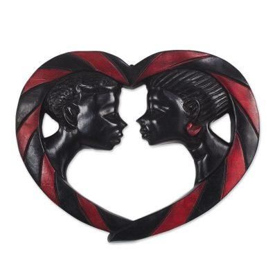 Passionate Lovers,'Romantic Sese Wood Wall Sculpture from Ghana'