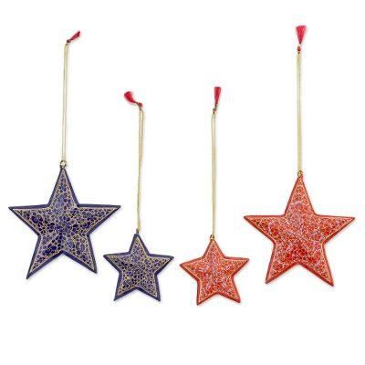 Starry Delight,'Four Blue and Red Papier Mache Star Ornaments from India'