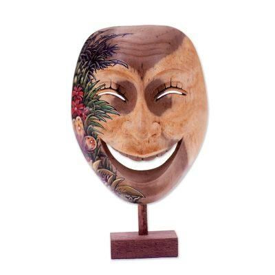 Gleeful Smile,'Balinese Handcrafted Hibiscus Wood Mask Butterfly Motif'
