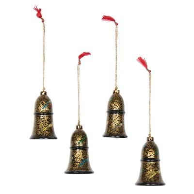 Midnight Song,'Floral Papier Mache Bell Ornaments from India (Set of 4)'