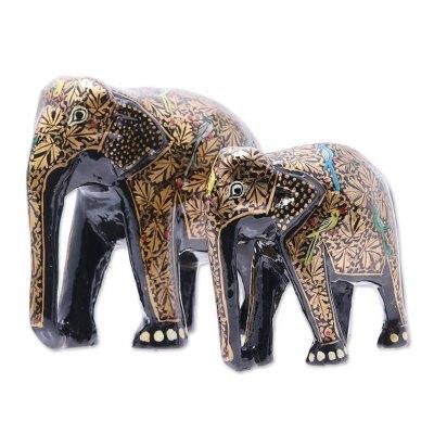 Song of the Valley,'Painted Leaf Motif Papier Mache Elephant Sculptures (Pair)'