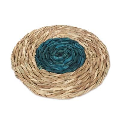 Turquoise Aura,'Set of 6 Handcrafted Natural Fiber Coasters in Turquoise'