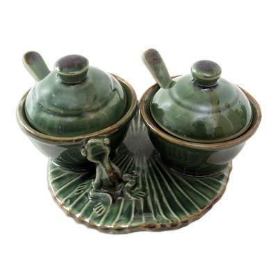 Frog and Leaf,'Hand Made Ceramic Condiment Set with Frog Motif (5 Pcs)'