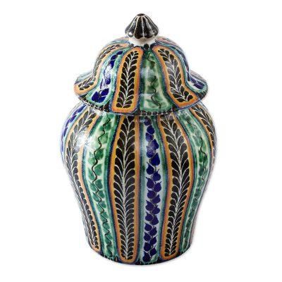 Moorish Ferns,'Multicolor Moorish Fern Motif Talavera Style Ginger Jar'