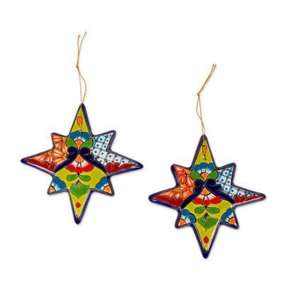 North Star,'Star-Shaped Talavera Ceramic Ornaments from Mexico (Pair)'