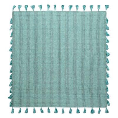 Reef Inspiration,'Handwoven Striped Cotton Throw in Aqua and Teal with Tassels'