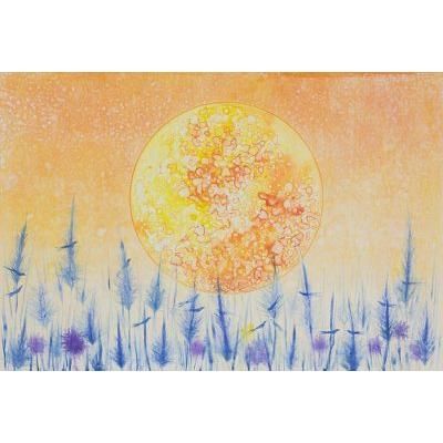 'My Home II' Watercolor Monoprint of Blood Moon and Blue Grass