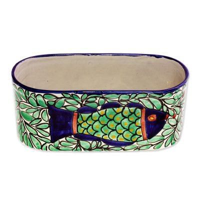 'Talavera Style Fish-themed Ceramic Planter Box from Mexico'