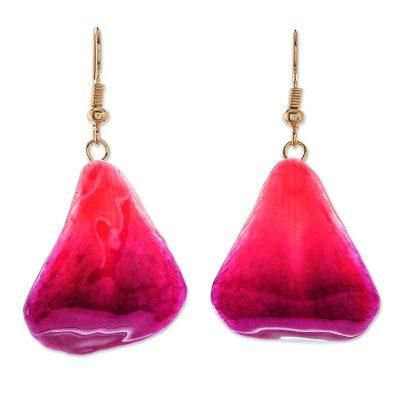 Petal Rain,'Natural Orchid Flower Dangle Earrings in Magenta'