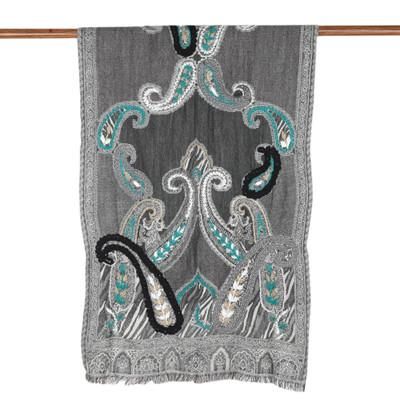 Caribbean Paisley,'Hand-Embroidered Wool Shawl with Turquoise Details'