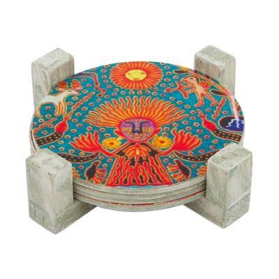 Round Huichol,'Four Round Multicolored Mexican Pinewood Decoupage Coasters'