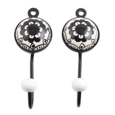 Friendly Petals,'Painted Floral Ceramic Coat Hooks from India (Pair)'