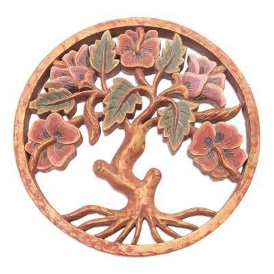 Hibiscus Garden,'Hand Carved Suar Wood Tree-Motif Relief Panel'