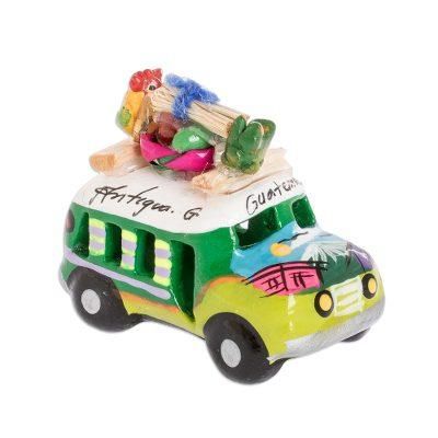 Two Tone Green Old Time Bus,'Min Ceramic Bus Figurine in Greens from Guatemala'