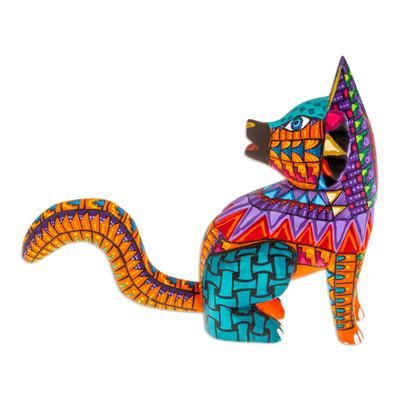 'Hand-Painted Colorful Copal Wood Wolf Alebrije Figurine'