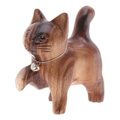 Melodic Steps,'Hand-Carved Raintree Wood Happy Cat Figurine with Bell'