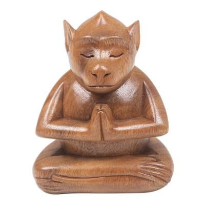 Joyous Apprentice,'Handcrafted Brown Suar Wood Monkey Statuette from Bali'