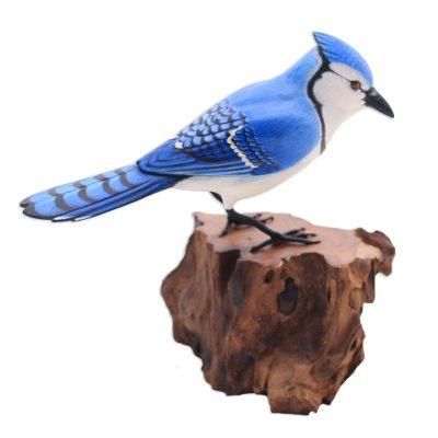 Perched Blue Jay,'Hand-Painted Wood Blue Jay Sculpture from Bali'