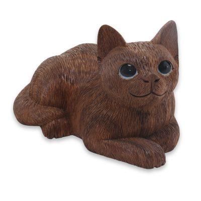 Wood sculpture, 'Long Haired Cat'