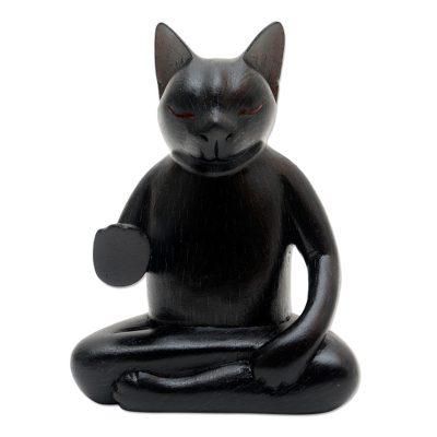 Black Cat Meditates,'Wood Statuette of Black Cat Meditating'