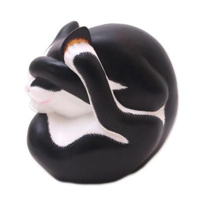 Black and White Yogi Cat,'Black and White Wood Yoga Cat Sculpture from Bali'