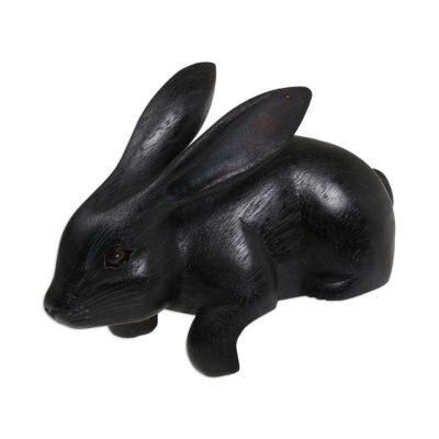 Curious Rabbit in Black,'Handcrafted Suar Wood Rabbit Sculpture in Black from Bali'
