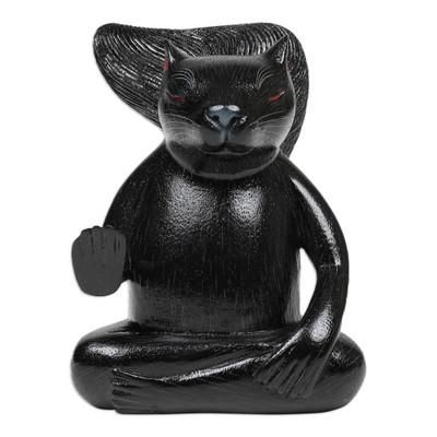 'Hand-Carved Wood Sculpture of Meditating Squirrel in Black'