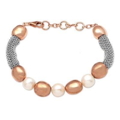 'Handmade Rose Gold-Plated Cultured Pearl Beaded Bracelet'