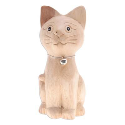 'Hand-Carved Raintree Wood Cat Figurine with Aluminum Bell'