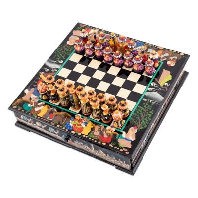 Midnight in Bukhara,'Handcrafted Painted Traditional Walnut Wood Chess Set'