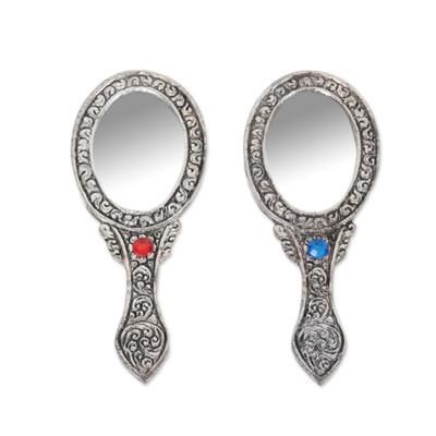 Double Elegance,'Pair of Antiqued Aluminum Hand Mirrors with Beads from India'
