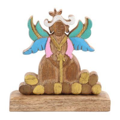'Hand-Painted Mango Wood Angel Sculpture with Easter Eggs'