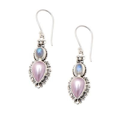Harmonious Pearls,'Floral Dangle Earrings with Rainbow Moonstones and Pearls'