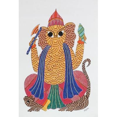 Majestic Ganesha,'Signed Multicolored Gond Painting of Ganesha from India'