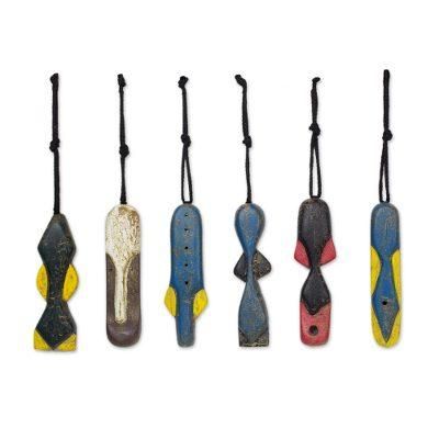 Afadjato Masks,'Colorful Wood African Mask Ornaments from Ghana (Set of 6)'