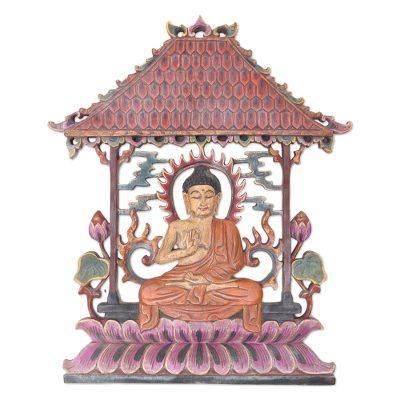 Under Protection,'Buddha-Themed Suar Wood Relief Panel'