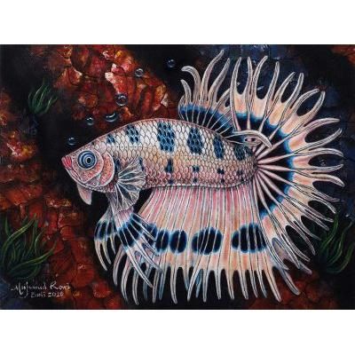 White and Black Betta,'Original Signed Betta Fish Painting from Bali'
