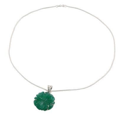 Green Petals,'Green Onyx and Silver Floral Pendant Necklace from India'